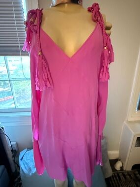 Lazul Hot Pink Tassel Shoulder V-Neck Dress